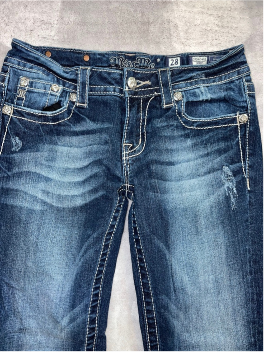 Miss Me Blue Boot Cut Jeans Wing Feather POCKETS MCBLING Size 28 - Picture 2 of 7